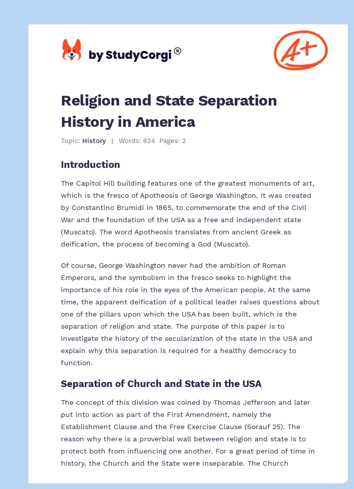 Religion and State Separation History in America. Page 1