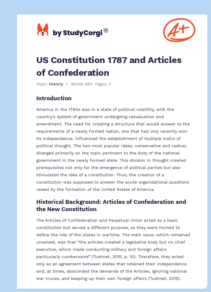 US Constitution 1787 and Articles of Confederation. Page 1