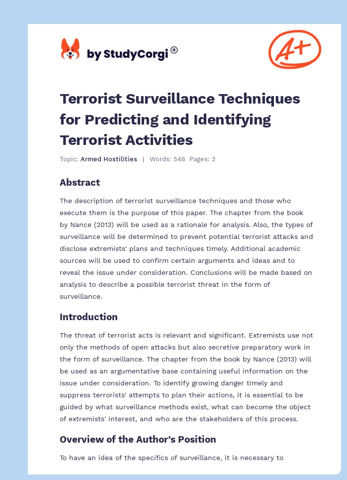 Terrorist Surveillance Techniques for Predicting and Identifying Terrorist Activities. Page 1