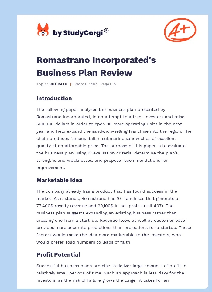 Romastrano Incorporated's Business Plan Review. Page 1