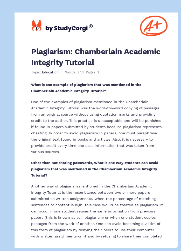 Plagiarism: Chamberlain Academic Integrity Tutorial. Page 1