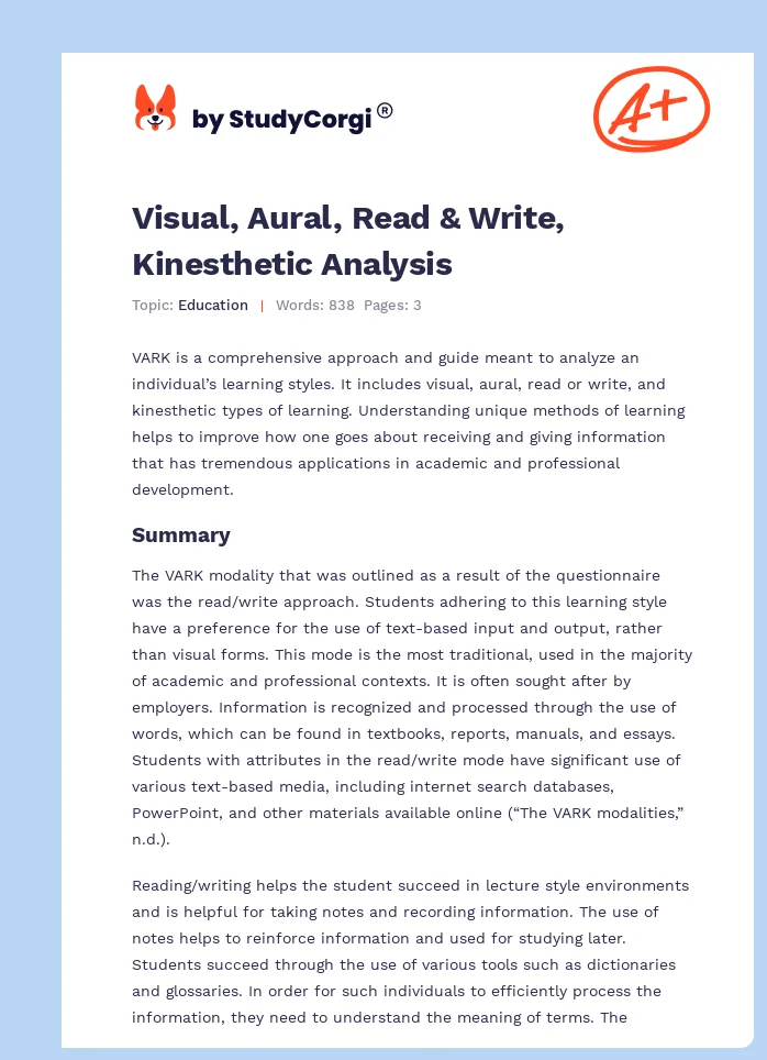 Visual, Aural, Read & Write, Kinesthetic Analysis. Page 1