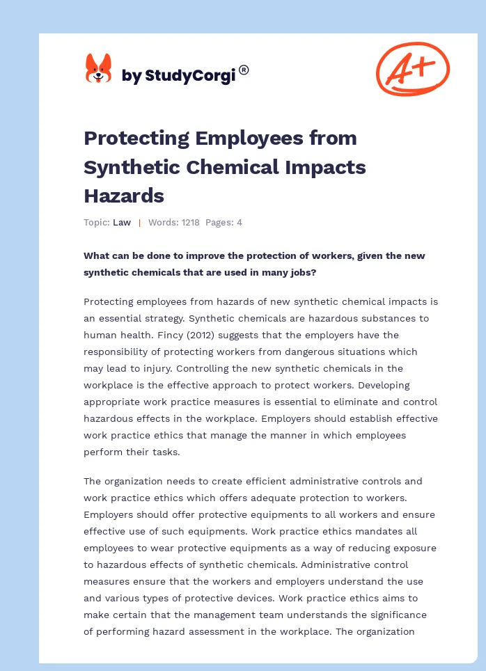 Protecting Employees from Synthetic Chemical Impacts Hazards. Page 1