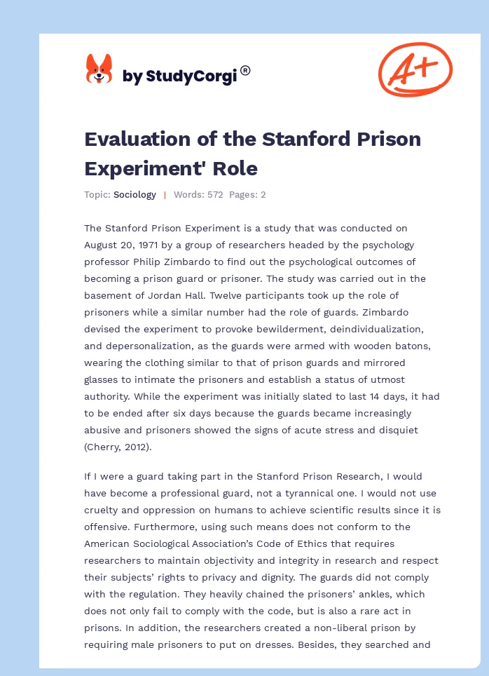 Evaluation of the Stanford Prison Experiment' Role. Page 1