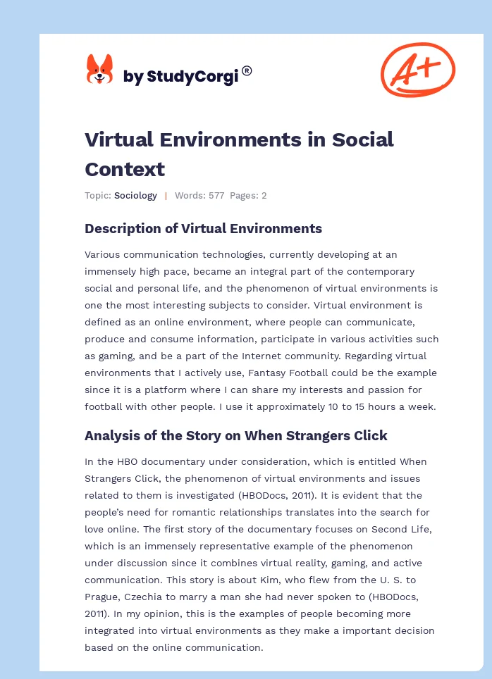 Virtual Environments in Social Context. Page 1