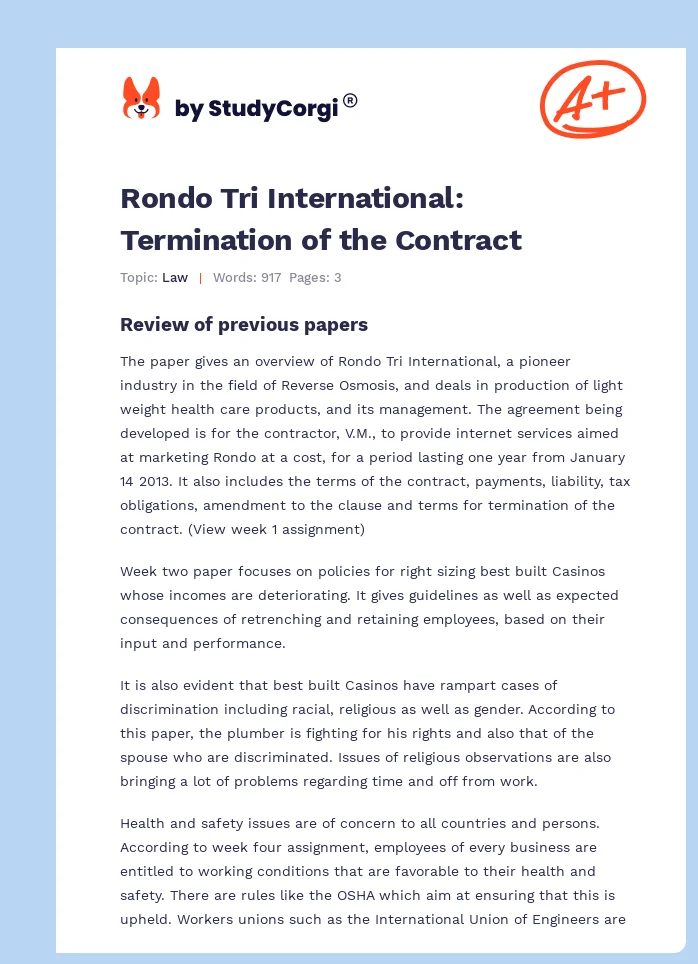 Rondo Tri International: Termination of the Contract. Page 1