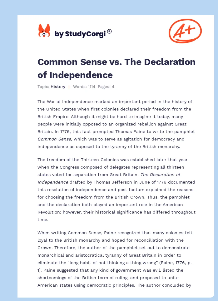 Common Sense vs. The Declaration of Independence. Page 1
