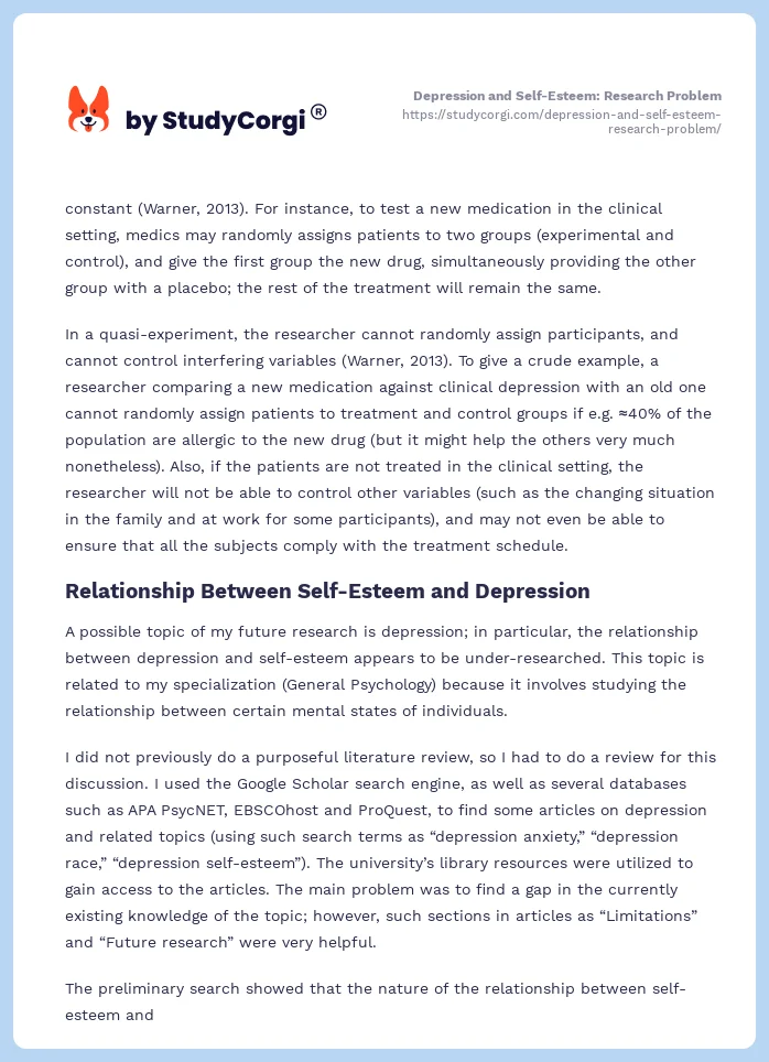Depression and Self-Esteem: Research Problem. Page 2