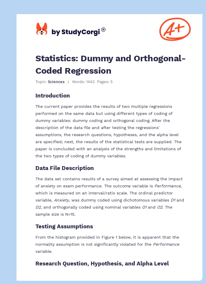 Statistics: Dummy and Orthogonal-Coded Regression. Page 1
