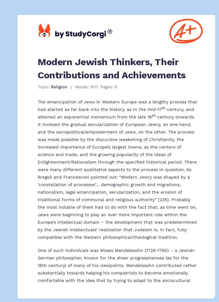 Modern Jewish Thinkers, Their Contributions and Achievements. Page 1