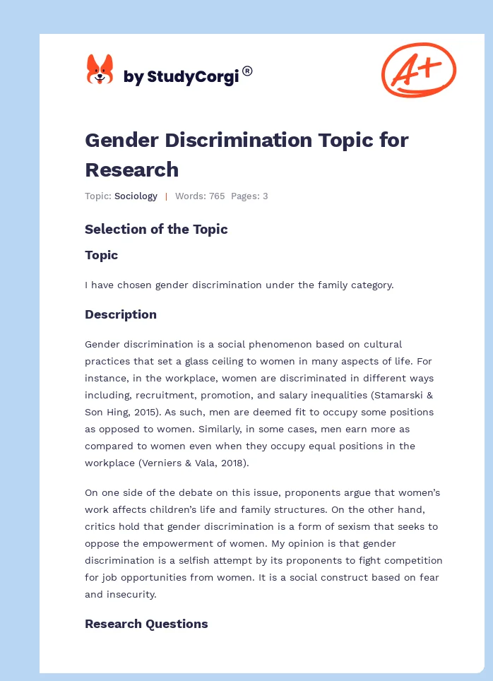 Gender Discrimination Topic for Research. Page 1