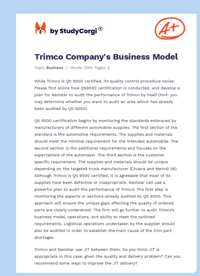 Trimco Company's Business Model. Page 1