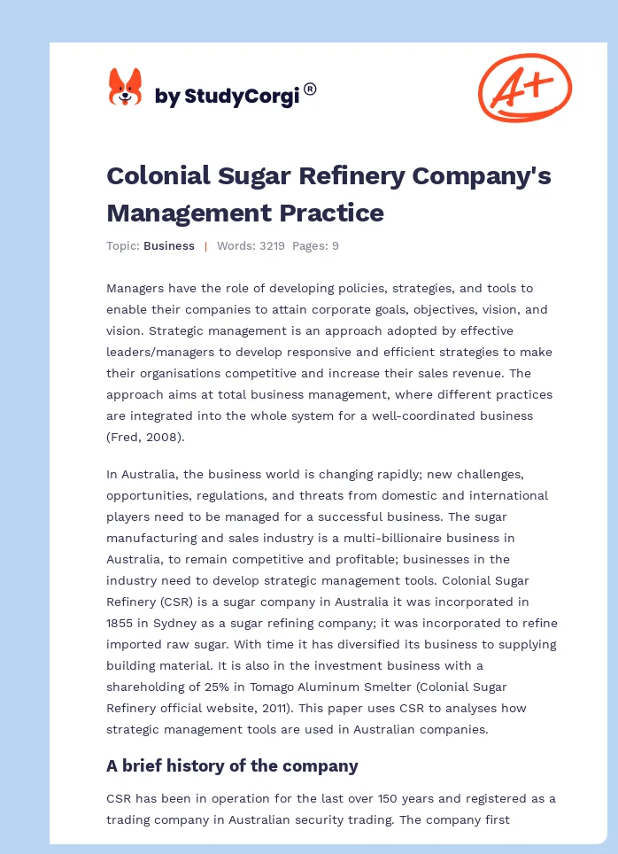 Colonial Sugar Refinery Company's Management Practice. Page 1