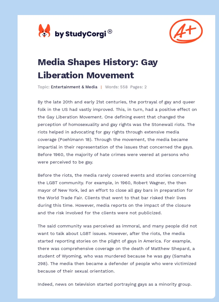 Media Shapes History: Gay Liberation Movement. Page 1