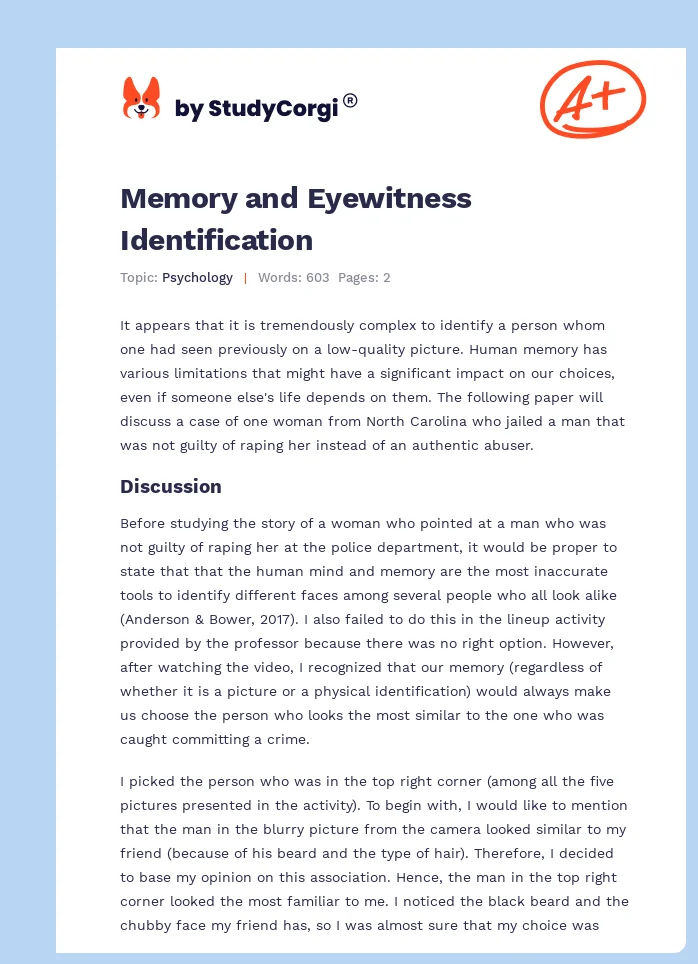 Memory and Eyewitness Identification. Page 1