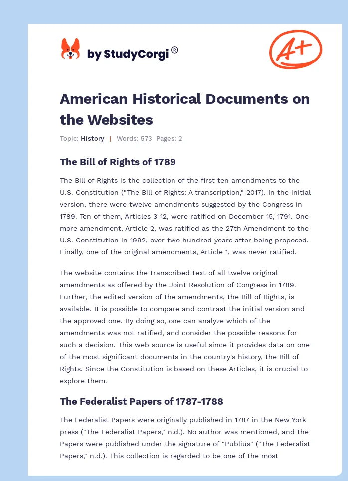 American Historical Documents on the Websites. Page 1