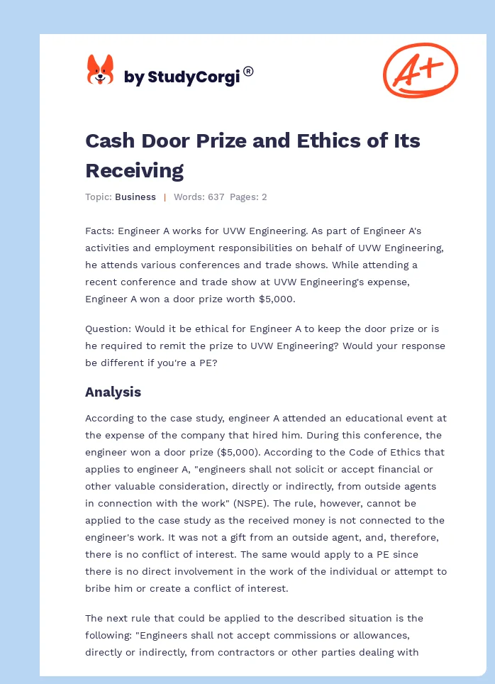Cash Door Prize and Ethics of Its Receiving. Page 1