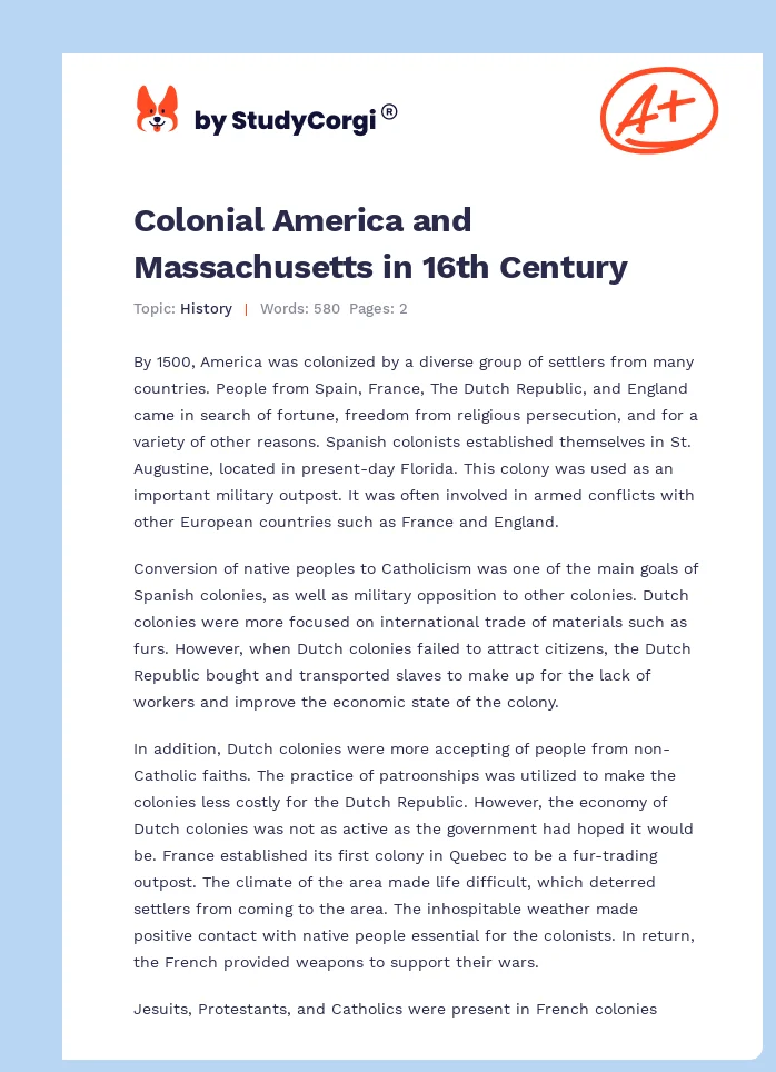 Colonial America and Massachusetts in 16th Century. Page 1
