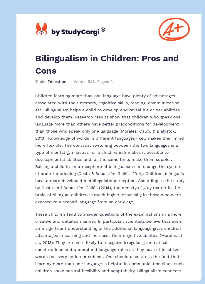 Bilingualism in Children: Pros and Cons. Page 1