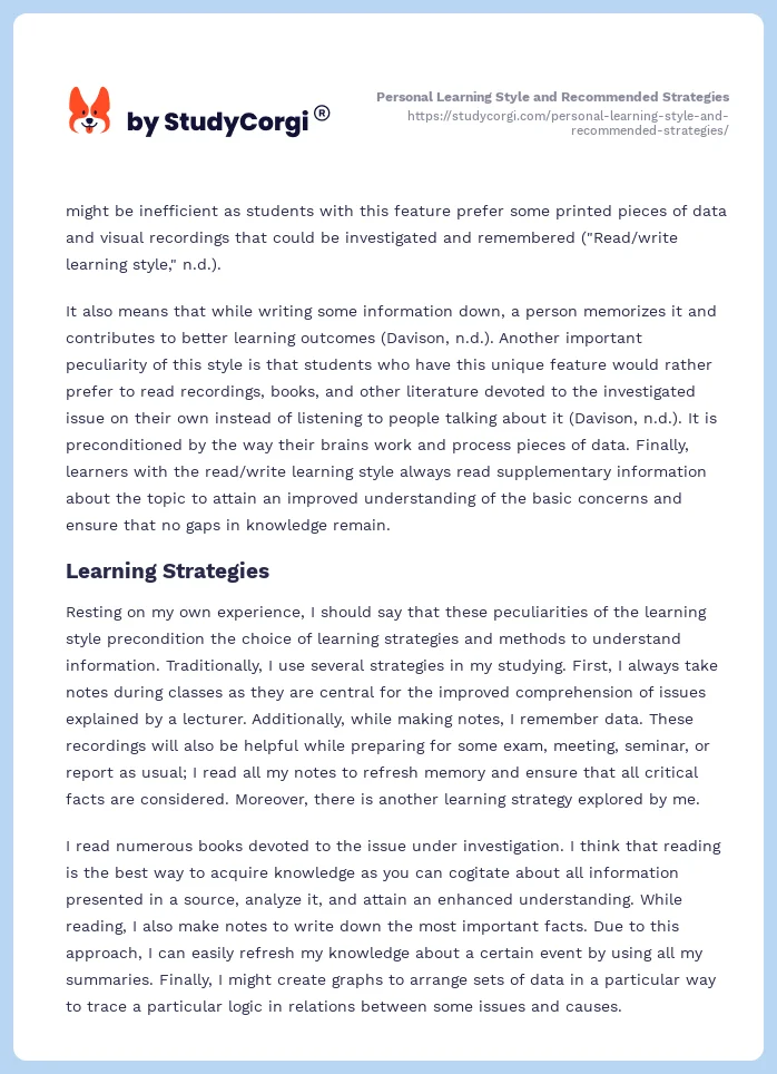 Personal Learning Style and Recommended Strategies. Page 2