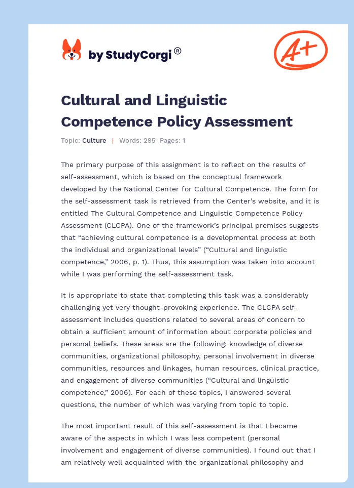 Cultural and Linguistic Competence Policy Assessment. Page 1
