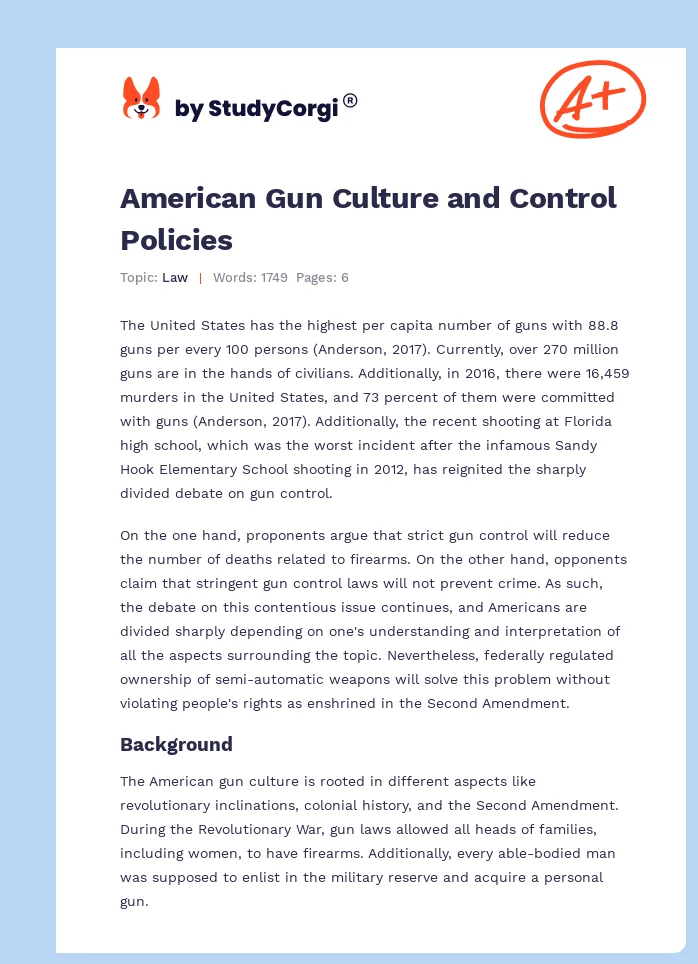 American Gun Culture and Control Policies. Page 1