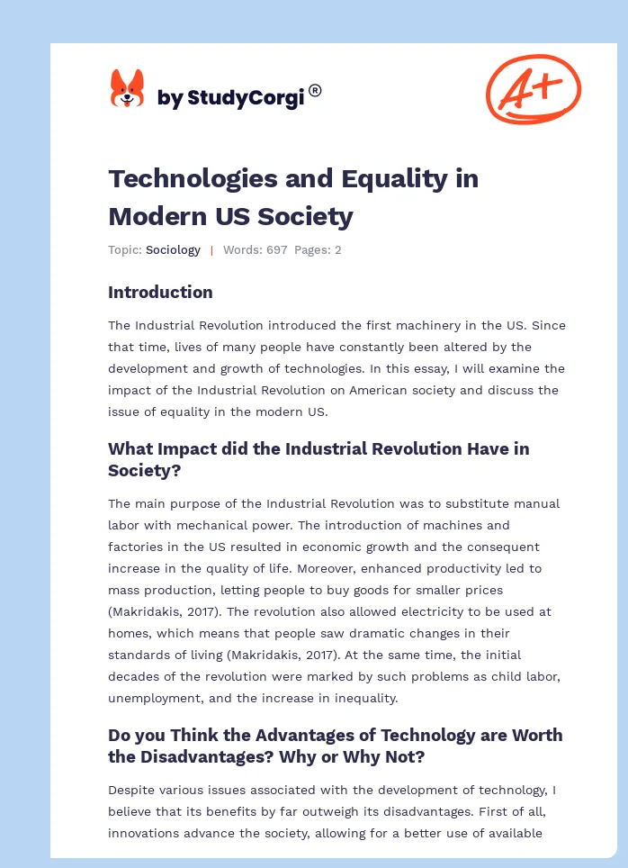 Technologies and Equality in Modern US Society. Page 1