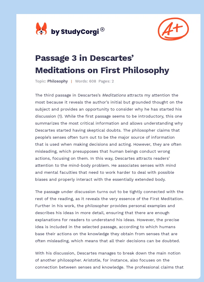 Passage 3 in Descartes’ Meditations on First Philosophy. Page 1
