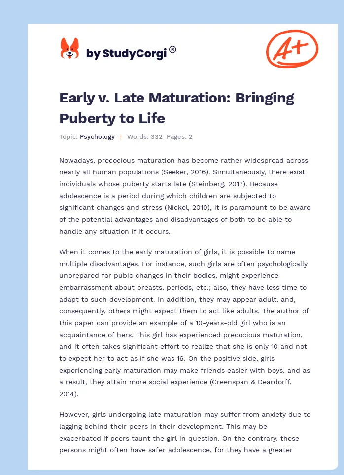 Early v. Late Maturation: Bringing Puberty to Life. Page 1