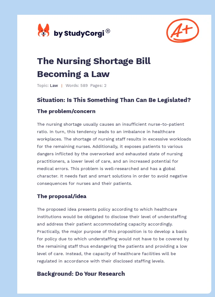 The Nursing Shortage Bill Becoming a Law. Page 1