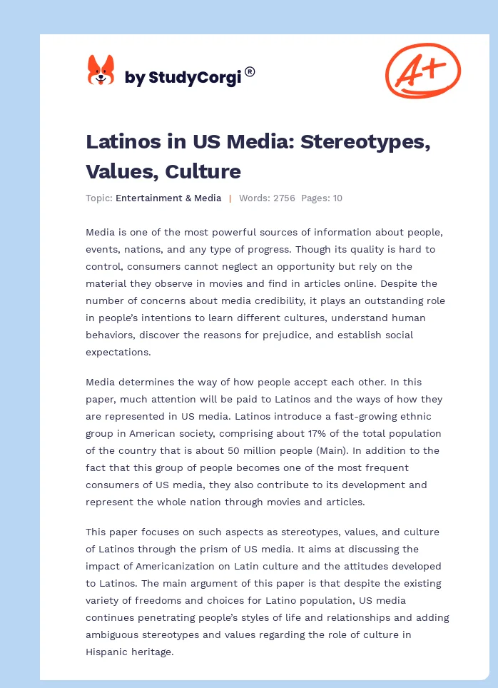 Latinos in US Media: Stereotypes, Values, Culture. Page 1
