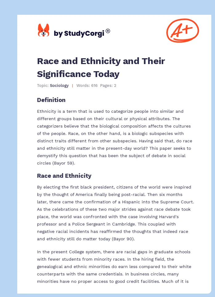 Race and Ethnicity and Their Significance Today. Page 1