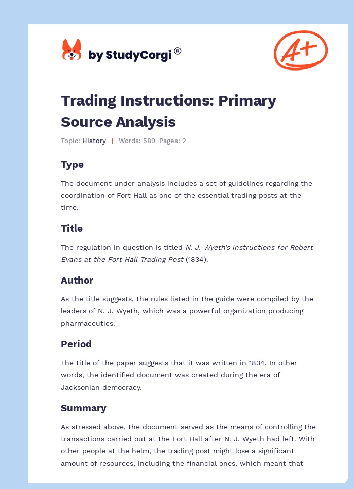 Trading Instructions: Primary Source Analysis. Page 1