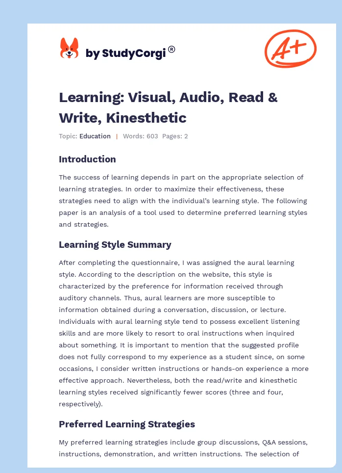 Learning: Visual, Audio, Read & Write, Kinesthetic. Page 1