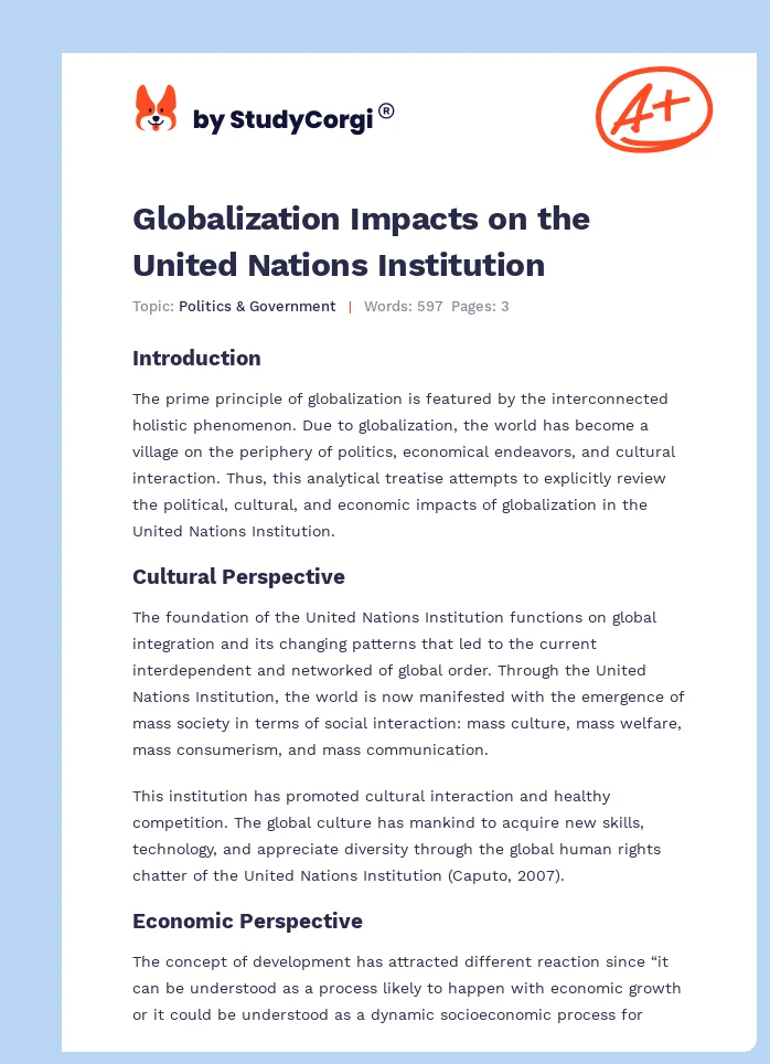 Globalization Impacts on the United Nations Institution. Page 1