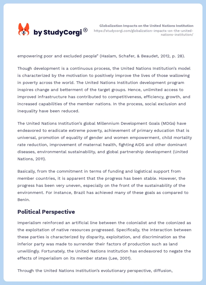 Globalization Impacts on the United Nations Institution. Page 2