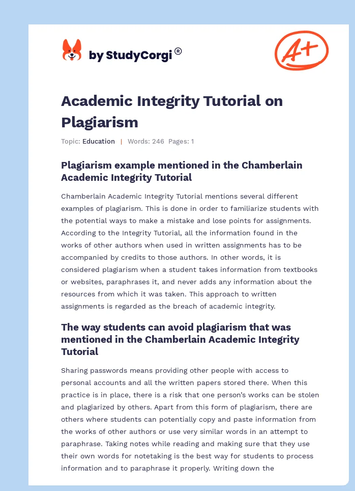 Academic Integrity Tutorial on Plagiarism. Page 1