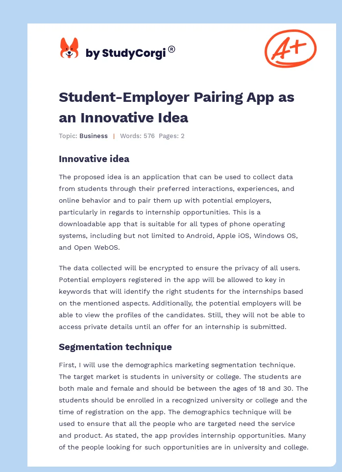Student-Employer Pairing App as an Innovative Idea. Page 1