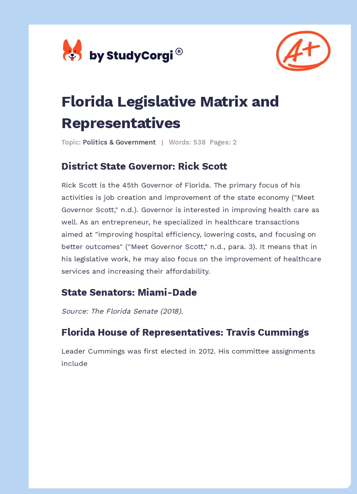 Florida Legislative Matrix and Representatives. Page 1