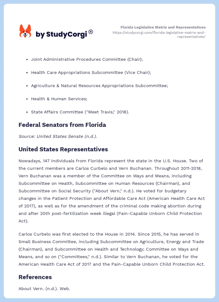 Florida Legislative Matrix and Representatives. Page 2