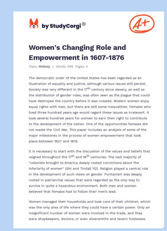 Women's Changing Role and Empowerment in 1607-1876. Page 1