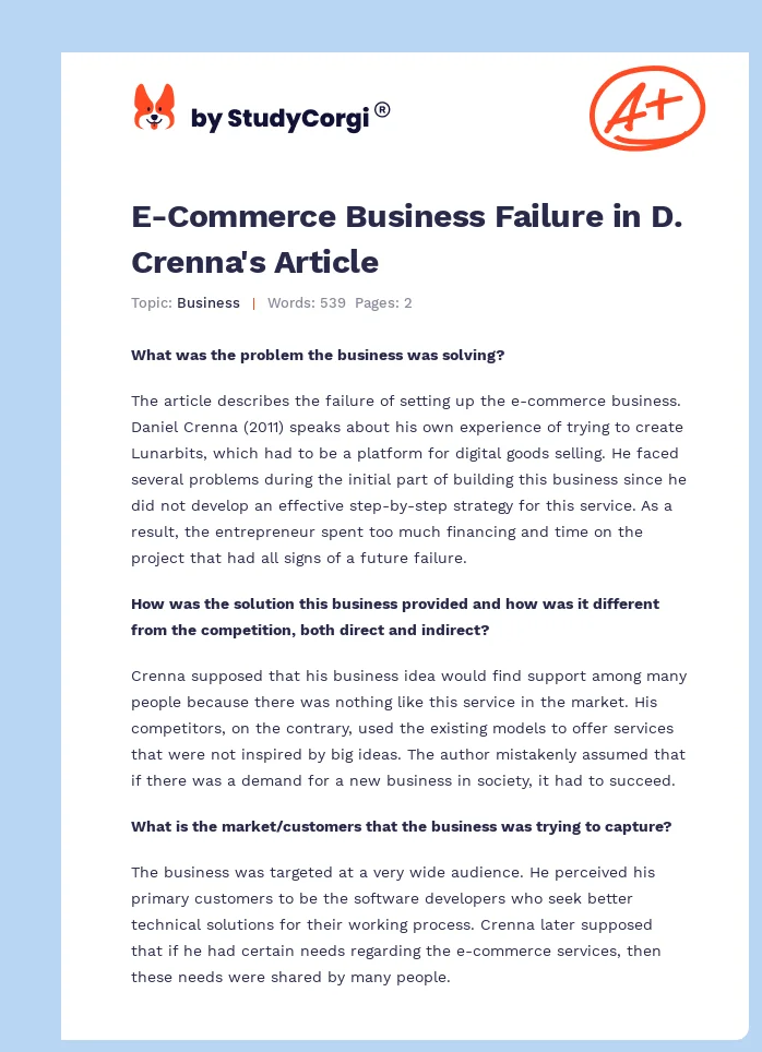 E-Commerce Business Failure in D. Crenna's Article. Page 1
