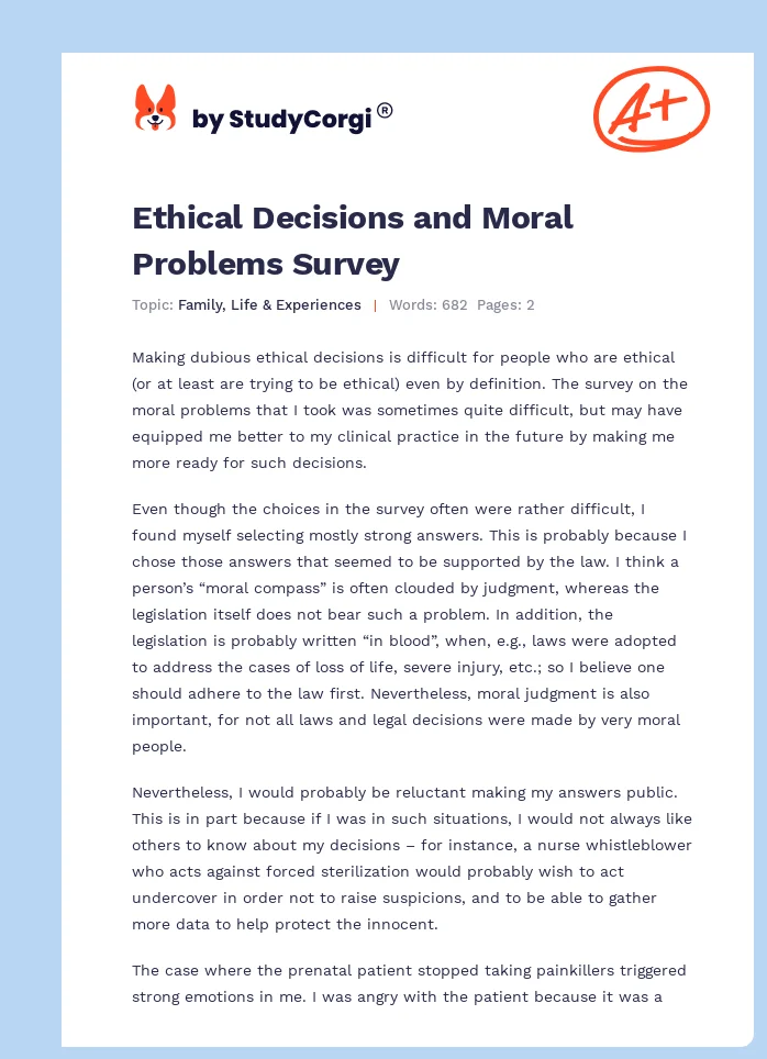 Ethical Decisions and Moral Problems Survey. Page 1