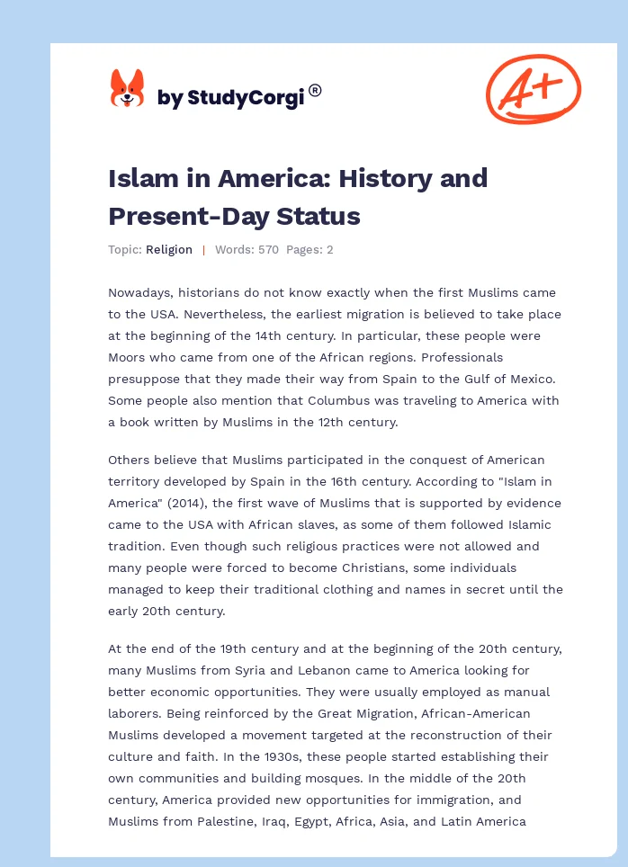 Islam in America: History and Present-Day Status. Page 1
