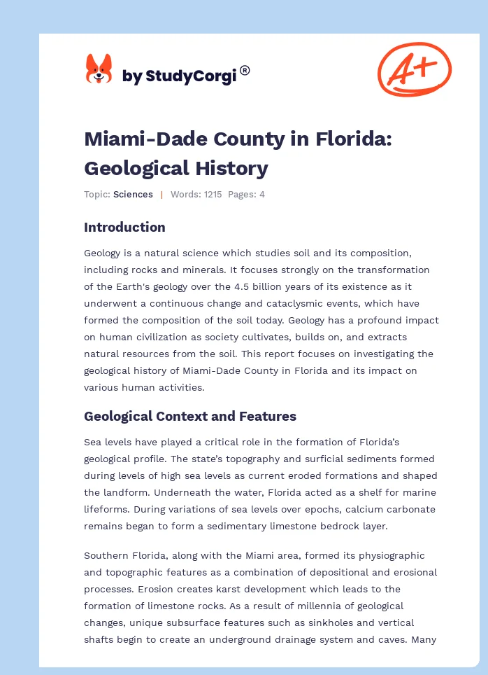 Miami-Dade County in Florida: Geological History. Page 1