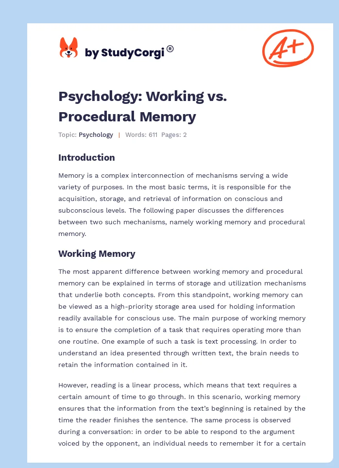 Psychology: Working vs. Procedural Memory. Page 1