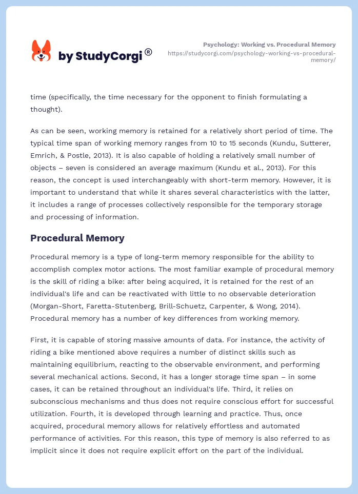 Psychology: Working vs. Procedural Memory. Page 2