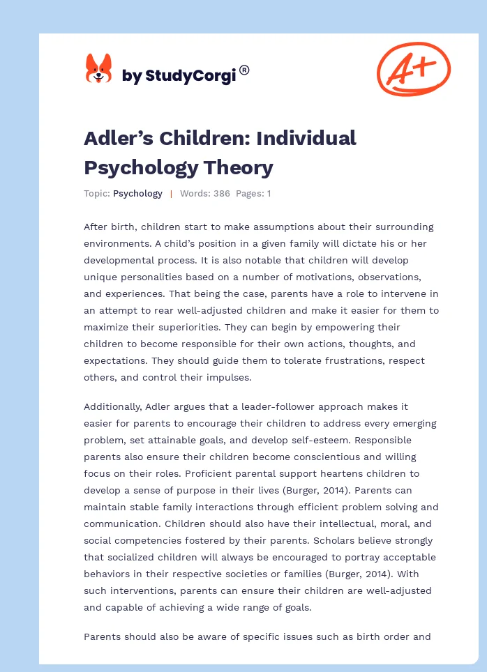 Adler’s Children: Individual Psychology Theory. Page 1