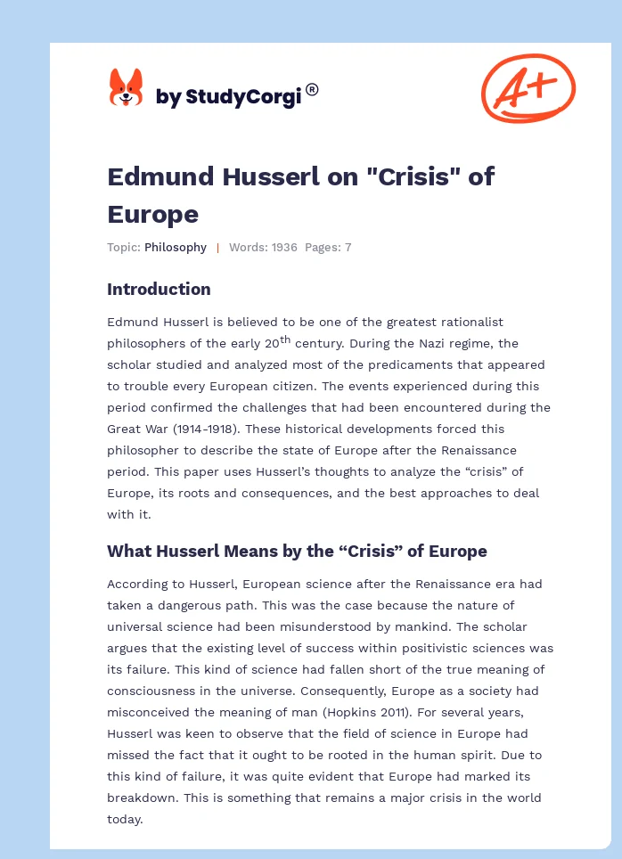 Edmund Husserl on "Crisis" of Europe. Page 1