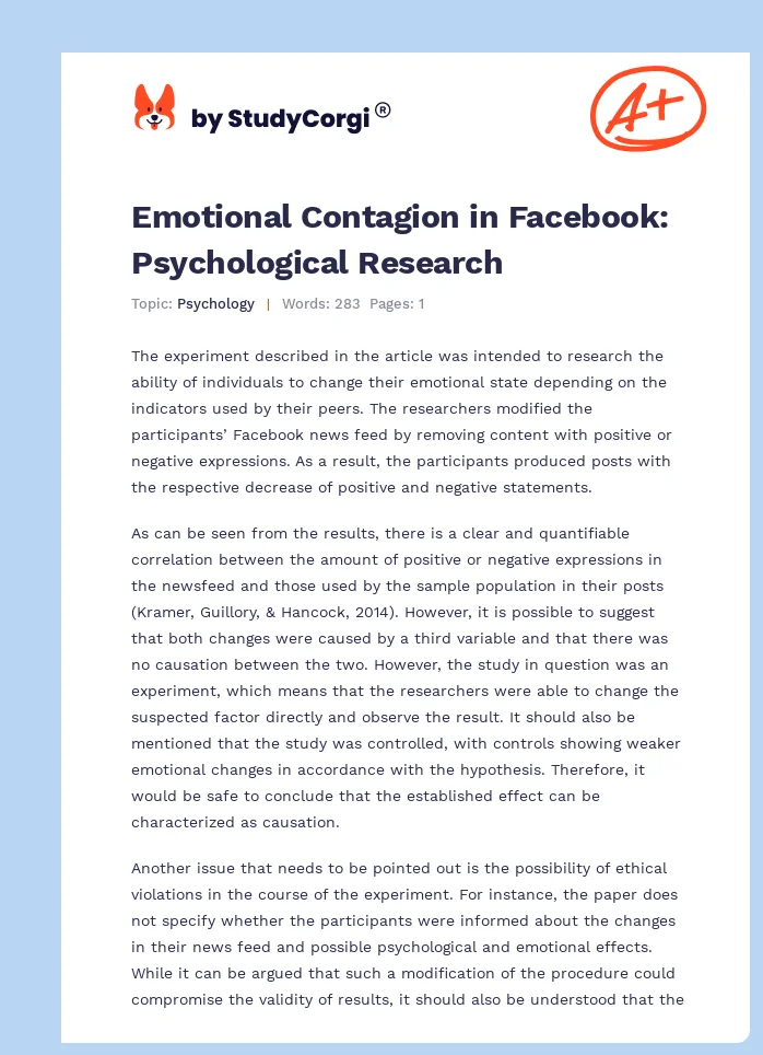 Emotional Contagion in Facebook: Psychological Research. Page 1